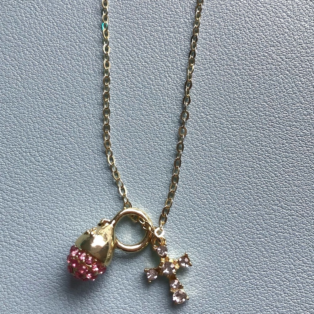 💕 Sweet and cute Pink Pine Cone and Cross Pendant necklace - Picture 1 of 7